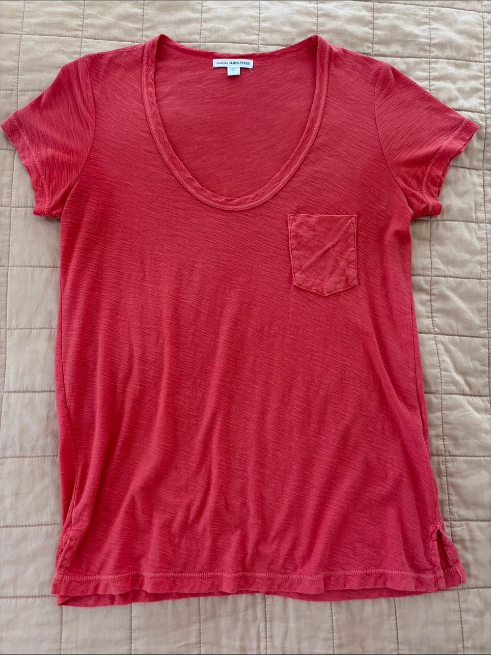 James Perse Women's Coral-Red Scoop Neck Pocket Tee